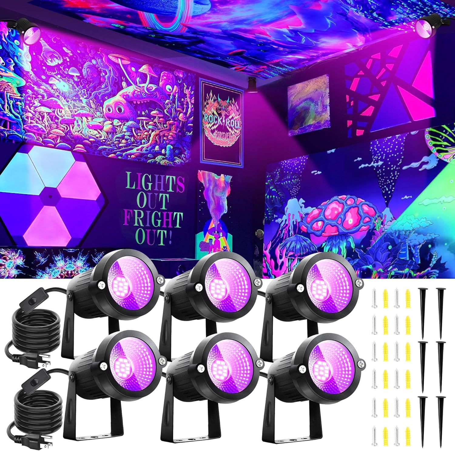 Black Light Spotlight Outdoor, 15W LED Blacklight IP66 Waterproof Landscape Lighting with Stake 6Ft Cord Switch, Black Lights for Glow Party, Fluorescent Poster, Yard Garden, Stage, Halloween, 6 Pack - 1 glass broken